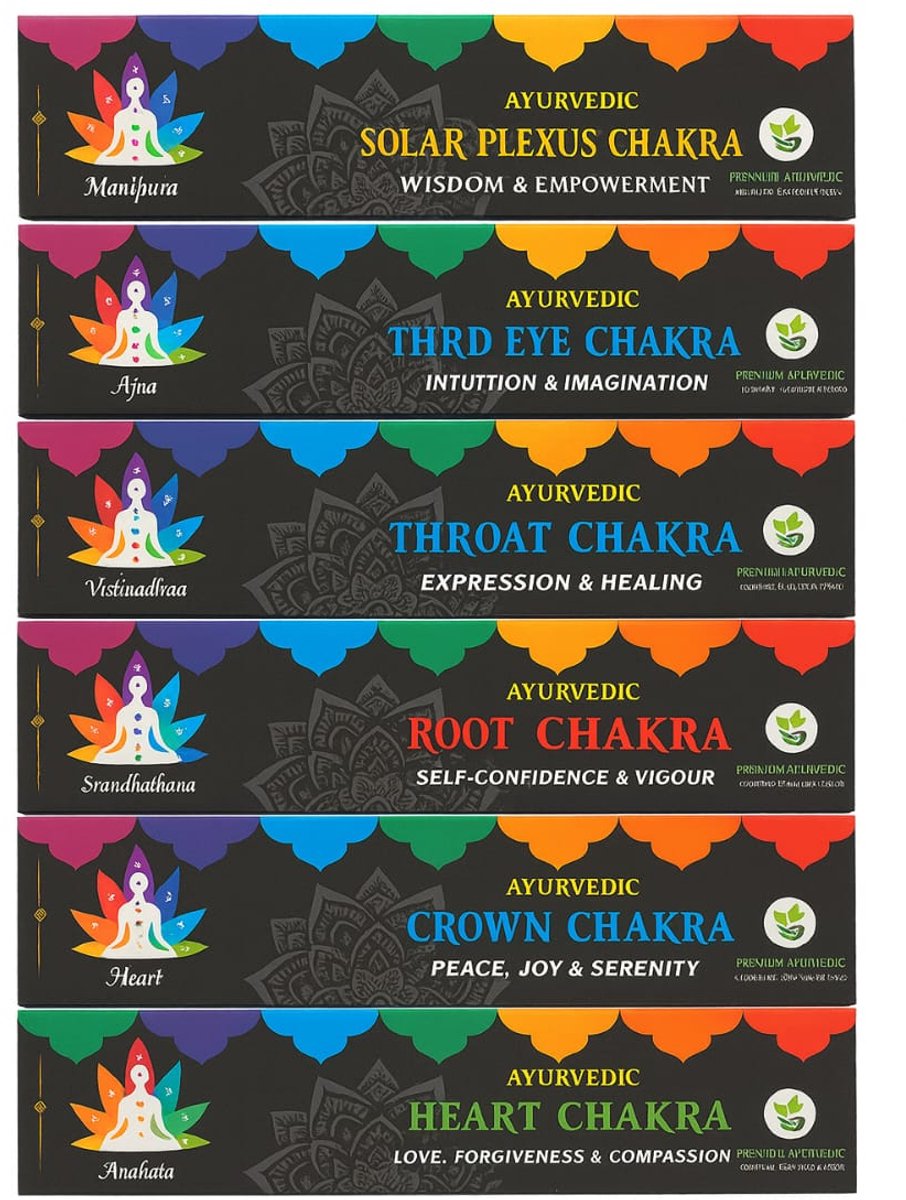 Luxe Spirituele Ontdek de Ayurvedische Chakra Wierook Set: 6 Unieke Geuren voor Balans en Energie Ideaal voor Meditatie, Yoga en Spirituele Groei Authentieke Aroma's, Wijsheid, Intuïtie, Expressie en Zelfvertrouwen met Kajal Sticker