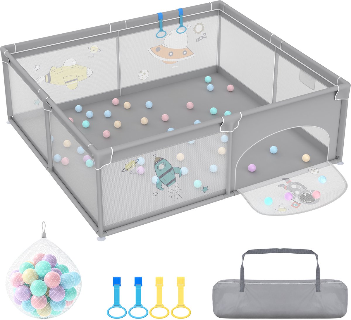 Froadp babybox 180 x 200 cm, antislipbox met draagbare speeltent, veiligheidsbarrière en beschermingshek voor peuters, grijs met astronautenmotieven