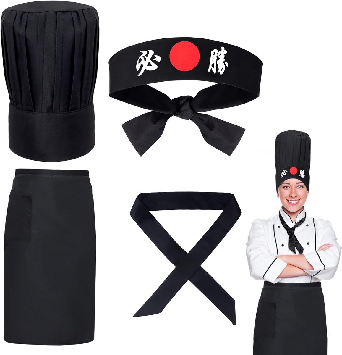 Kokskostuum Set voor Teppanyaki en Feest - Muts, Hoofdband, Schort en Stropdas