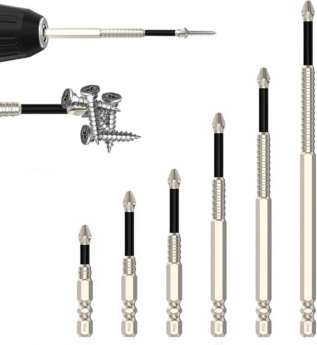 Vixson - Sterk magnetic schroefbitset (6 stuks) - bitset professional - PH2 magnetische schroefbits - duurzaam materiaal - borenset - magnetic gereedschap - 50, 65, 75, 100, 120, 150mm - SETDRILL