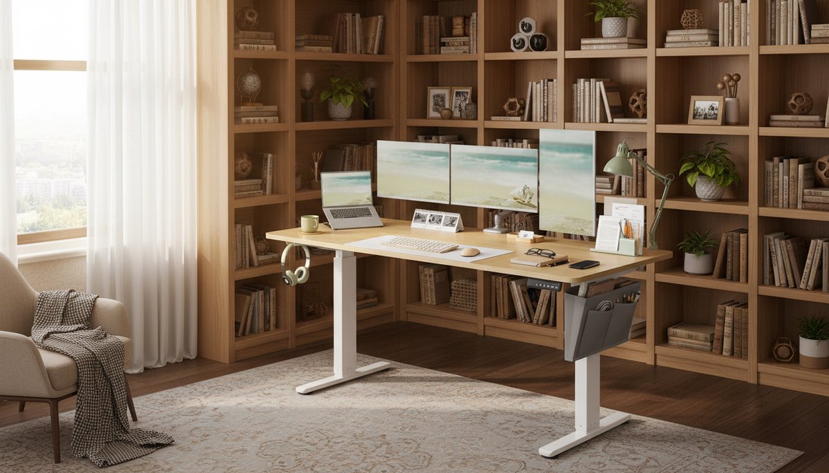 Elektrisch Bureau – Casa Velluto Aurea Pro 160x70 cm Zit-Sta Bureau Verstelbaar 72-120 cm met 4 Geheugenstanden, Kabelmanagement & Organizer – Gouden Eik