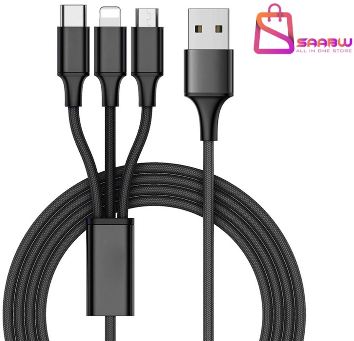 3-in-1 USB Kabel Lightning Micro USB Type-C 1.2m – Snelladen 2.1A – Zwart – usb c kabel – usb-c kabels – 55855