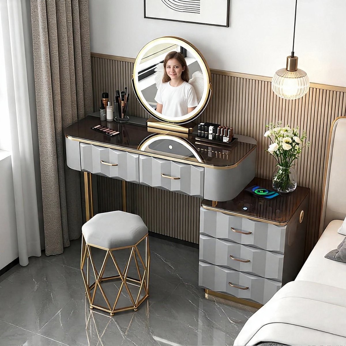 Make-uptafel met LED Spiegel & Glasplaat 100x40x76 cm – Moderne Kaptafel met Draadloos Opladen, Bluetooth Speaker, Kruk en Laden – Grijs – Depauw