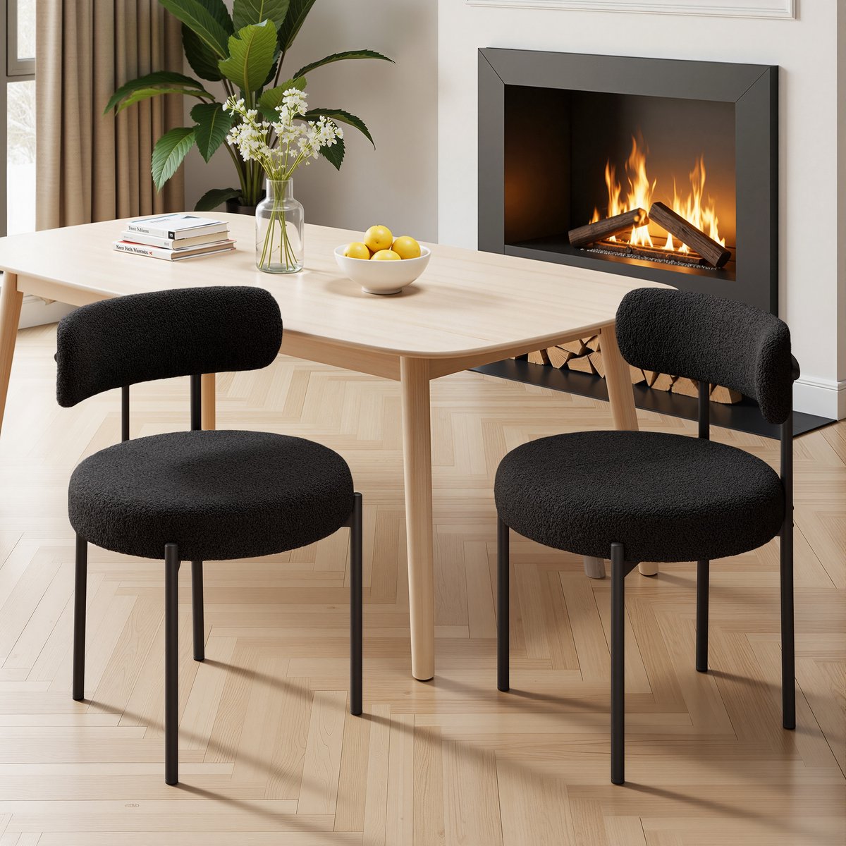Eetkamerstoel Set van 2 Teddy Stof Gestoffeerde Stoel met Metalen Poten Moderne Keukenstoel Design Stoel Zachte Bouclé Stoel Comfortabele Zitstoel voor Eetkamer Woonkamer Keuken Slaapkamer Horeca Scandinavische Stijl