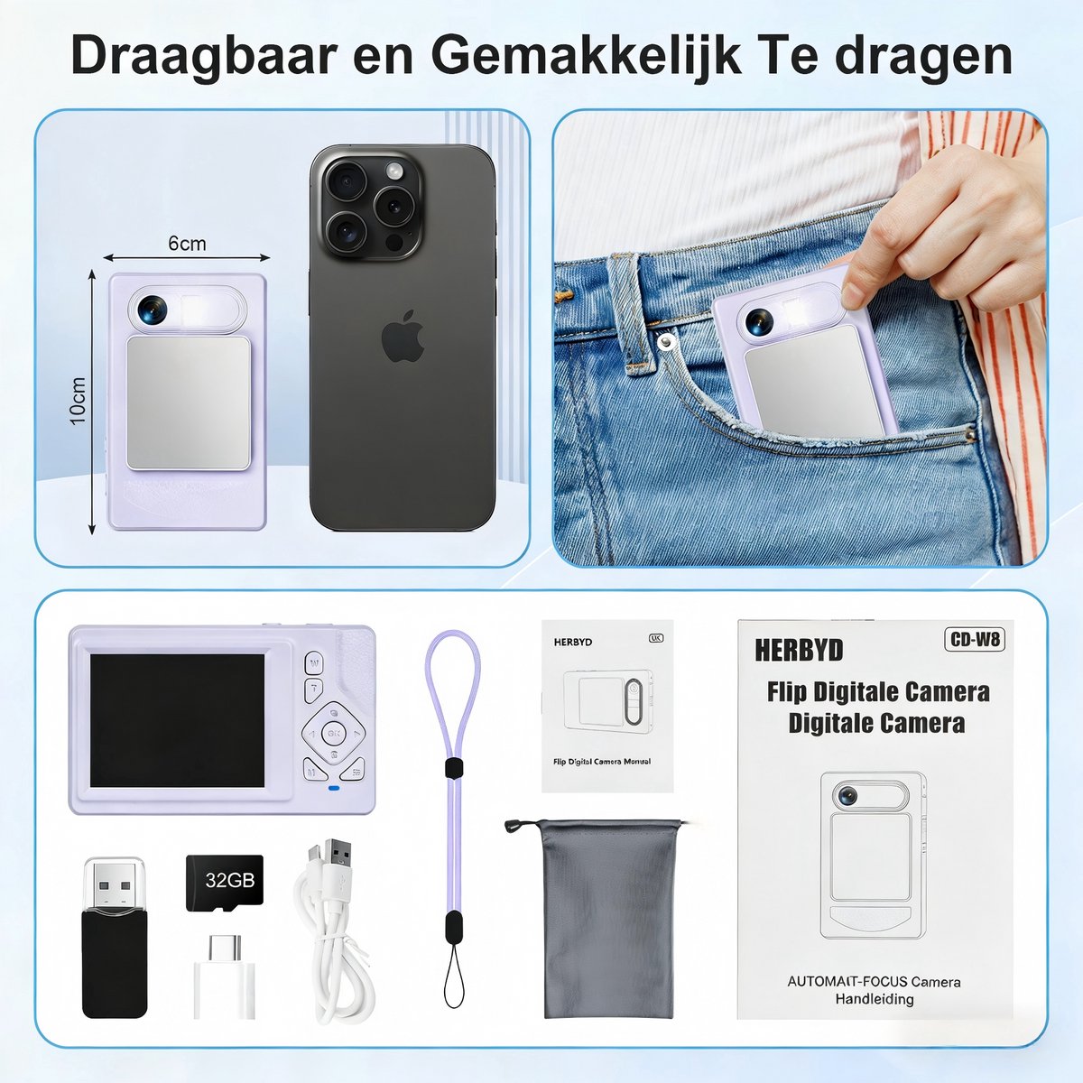 4K Digitale Camera voor Beginners & Kinderen - 48MP Fotocamera met Autofocus - 18X Zoom - Compact Camera met 2.8" Scherm - Inclusief 32GB SD-kaart & Handig Opbergzakje - Paars thumbnail 5