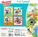 Achterkant van de "4 in 1 puzzel" doos met Woezel en Pip. Met informatie over de puzzels en Bambolino Toys.