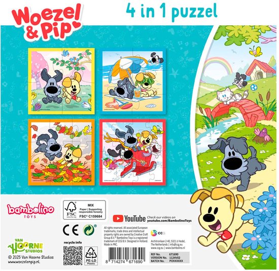 Achterkant van de "4 in 1 puzzel" doos met Woezel en Pip. Met informatie over de puzzels en Bambolino Toys.
