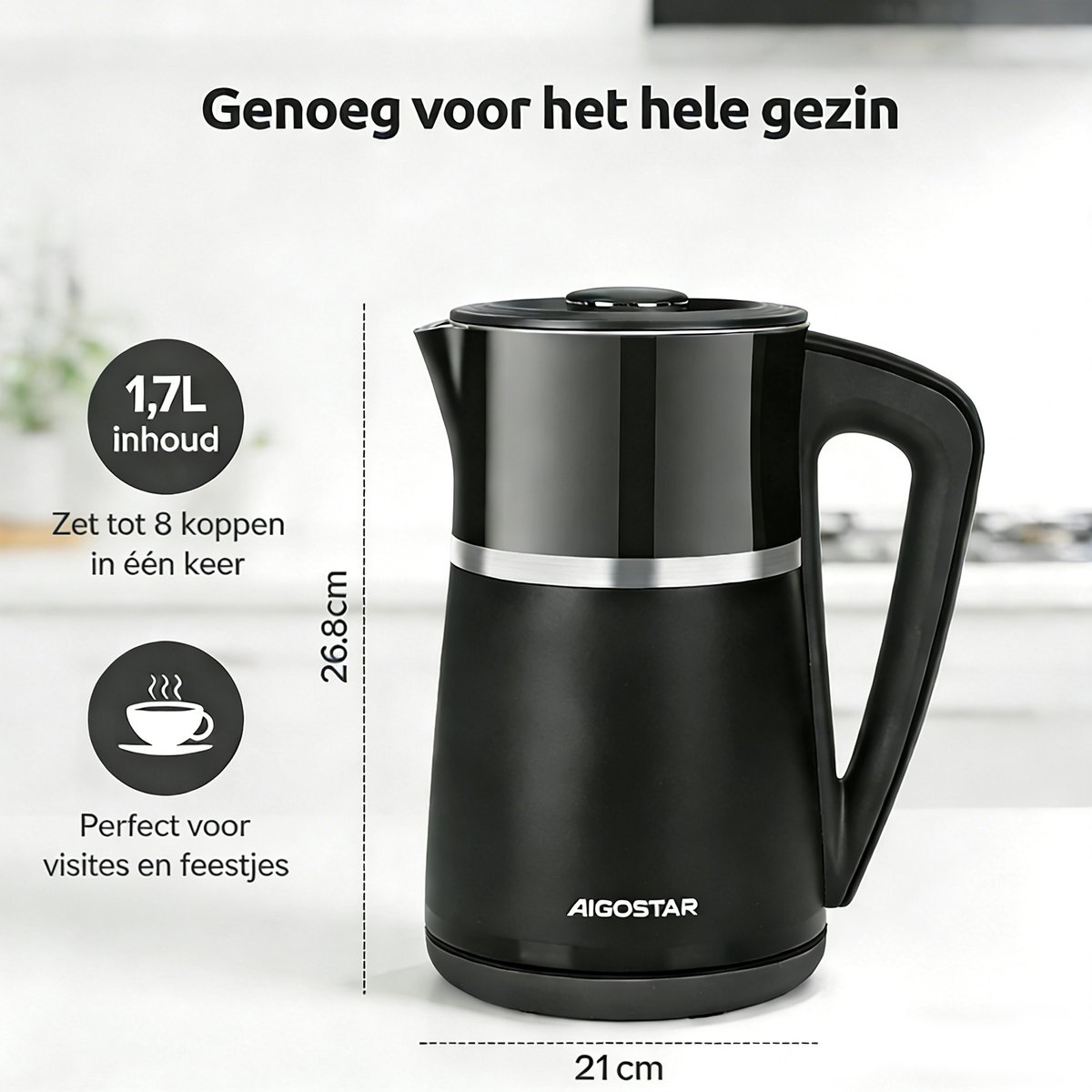 Aigostar Waterkoker met Temperatuurregeling - 1.7L - Instelbare Waterkoker - Dubbelwandig & Cool-touch - Warmhoudfunctie - BPA-vrij - voor Babyvoeding & Thee - 2200W - Zwart — afbeelding 6