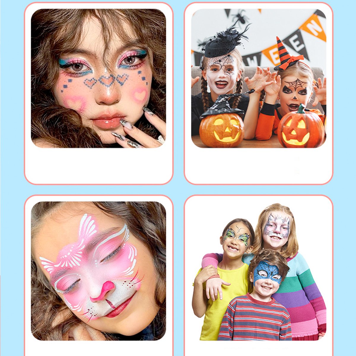Schmink 54 kleuren waterbasis+ 44 Kleuren Schminkset voor Kinderen- schmink 16 Penselen & 17 Sjablonen - Ideaal voor Koningsdag, Pasen & Festivals - Veilig voor Kind & Volwassene — afbeelding 5