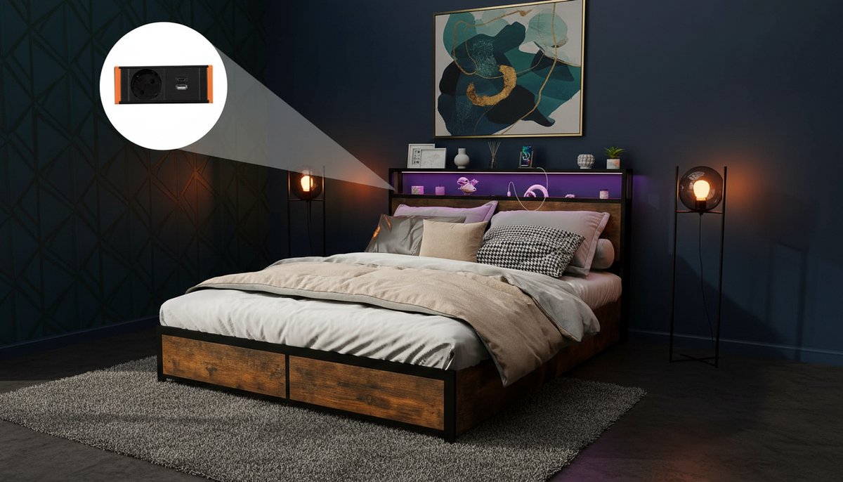 Metalen Opbergbed 160x200 met LED Verlichting, Laadstation en 4 Lades – Industrieel Tweepersoonsbed met Hoofdbord en Lattenbodem – Rustiek Bruin – Casa Velluto Lumora King Storage Bed