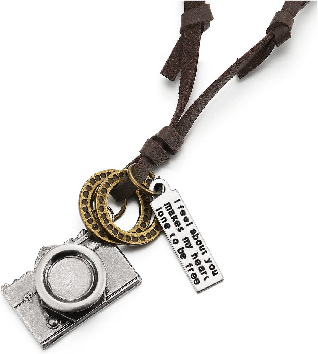 Vintage Camera Hanger Ketting met Verstelbare Bruine Leren Band voor Heren en Dames