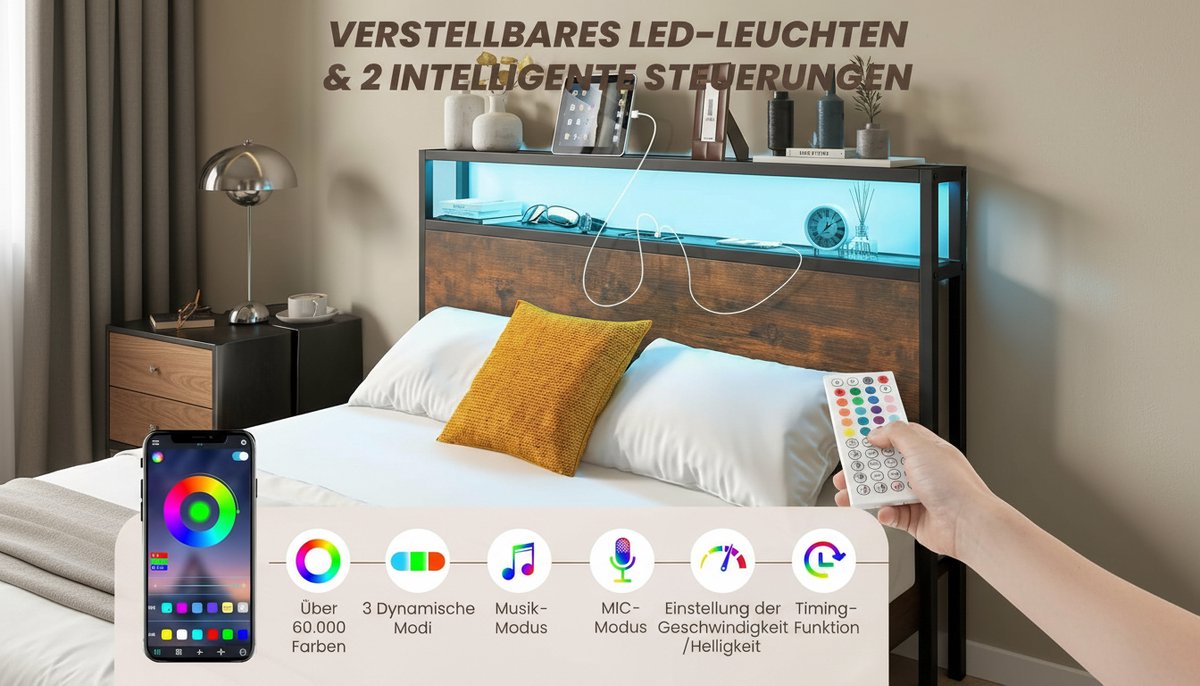 Metalen Opbergbed 140x200 met LED Verlichting, Laadstation en 4 Lades – Industrieel Tweepersoonsbed met Hoofdbord en Lattenbodem – Rustiek Bruin – Casa Velluto Lumina Storage Bed