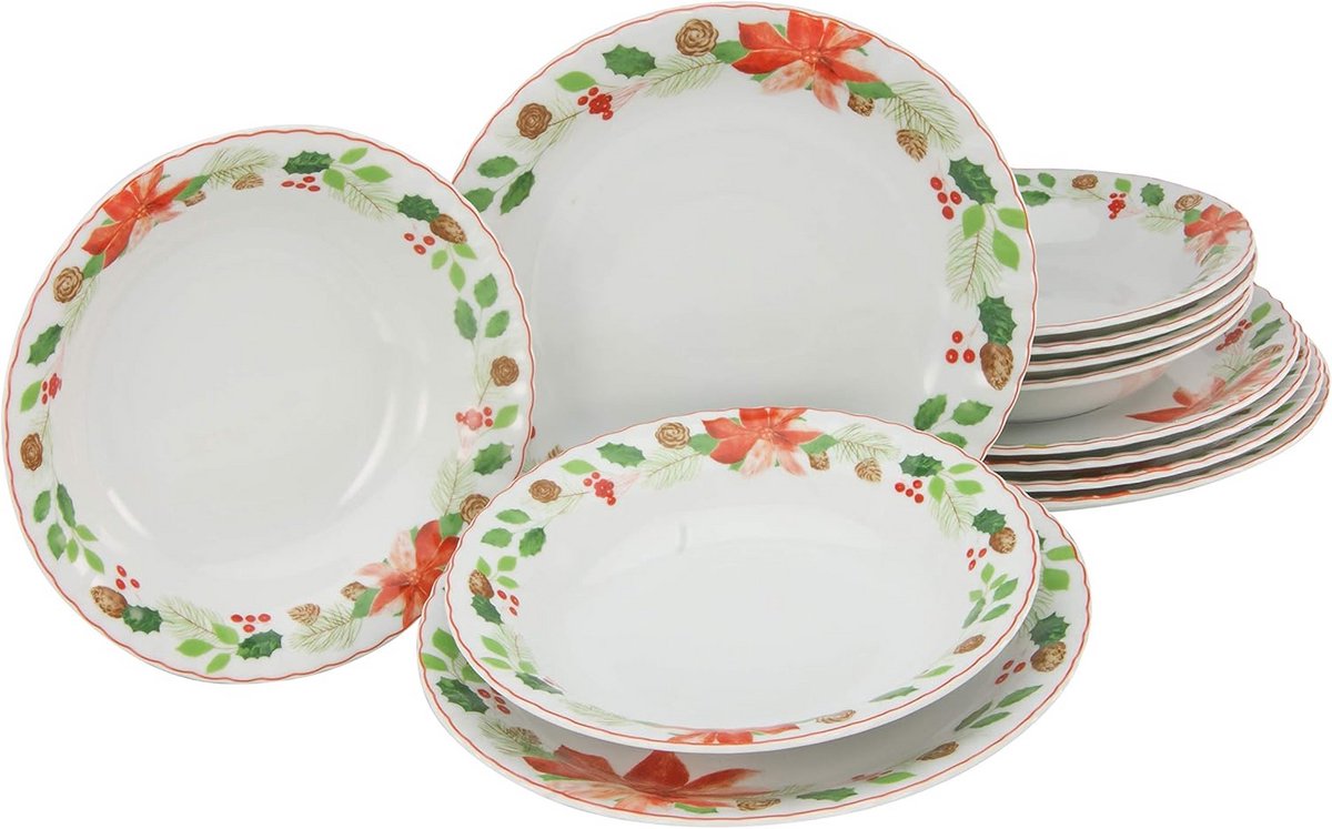 12-delig Porseleinen Servies Kerstthema - Diner- en Diepborden