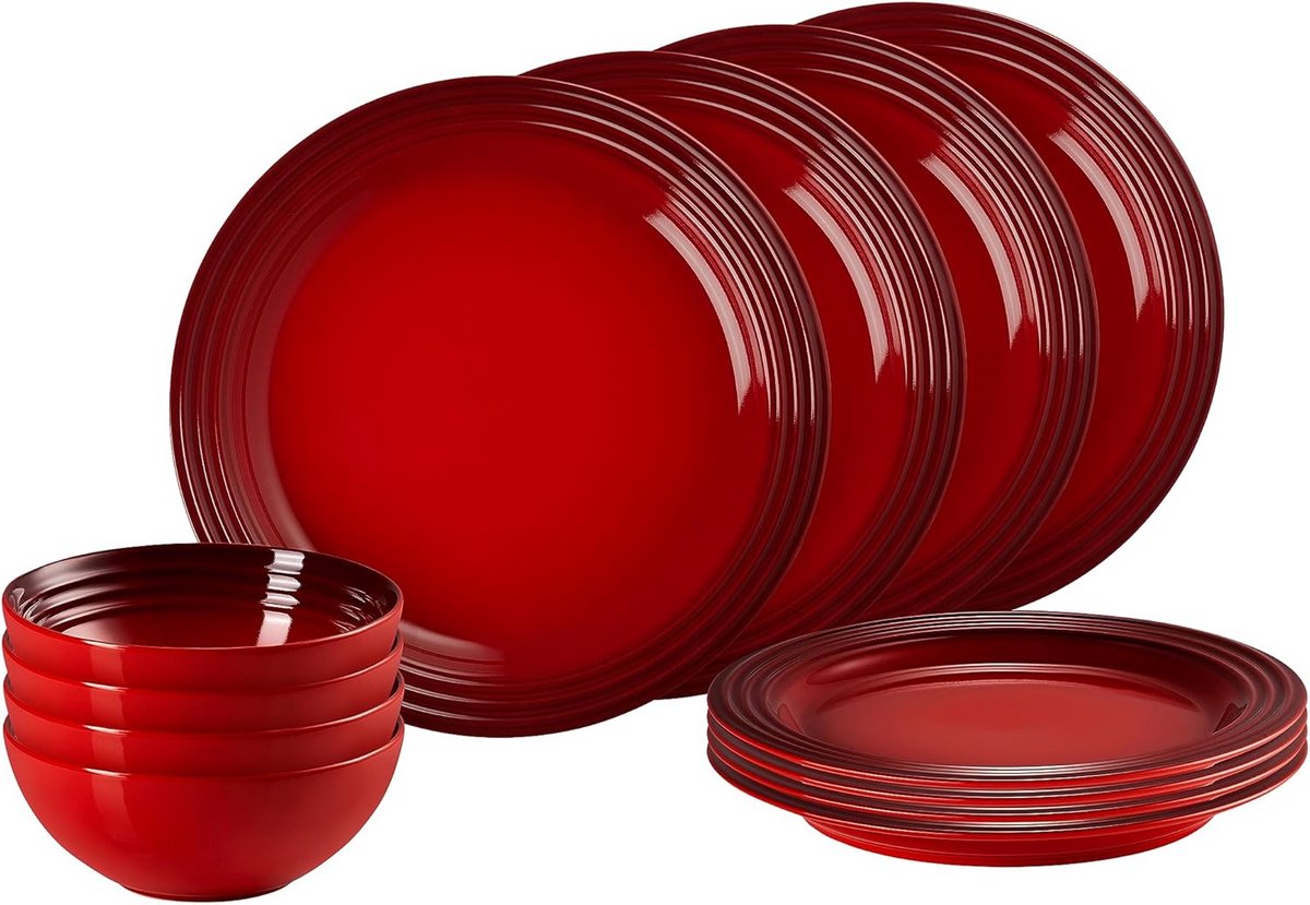 12-delige Aardewerk Servies Set Kersenrood - Oven- & Vaatwasserbestendig