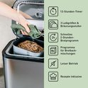Zilverkleurige broodbakmachine met 13-uurs timer, 3 korstmaten en 2 uur snel programma.