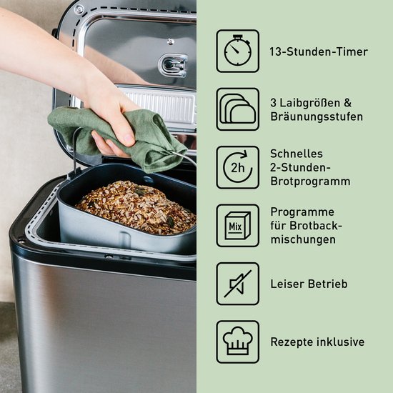 Zilverkleurige broodbakmachine met 13-uurs timer, 3 korstmaten en 2 uur snel programma.