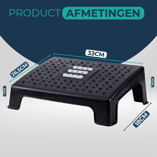 Zwarte, ergonomische voetensteun met afmetingen: 33x26,5x14 cm. Hoogte aan de voorzijde 7 cm, aan de achterzijde 18 cm.