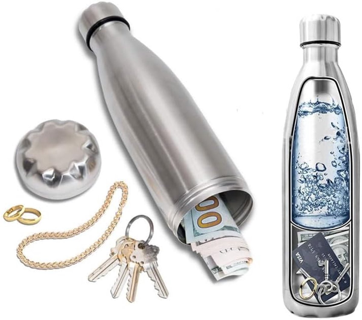Diefstalbestendige Waterfles - Roestvrijstalen Waterfles met Verborgen Opbergvak - Geschikt Voor Pasjes, Sleutels, Contant Geld en Waardevolle Spullen - Houdt Warme en Koude Dranken Warm - 750 ml - Zilver
