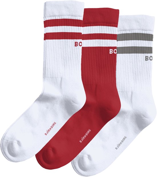 Björn Borg Core Crew Chaussettes de Sport Blanches - Coton - Blanc/Rouge - 3 Paires - Taille 36-40