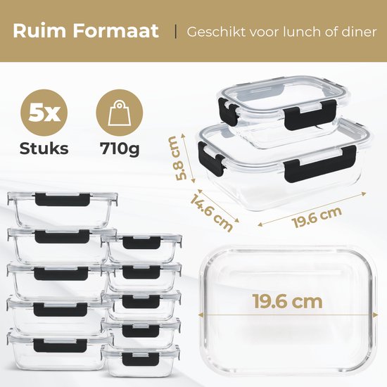 Afmetingen van glazen vershouddozen, 5x 710g.
