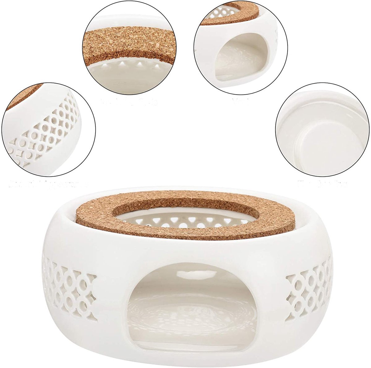 Gigicial Theeverwarmer - Keramische Theepot - Houten Basis En Rond Ventilatiegat - 1 Stuk - Wit