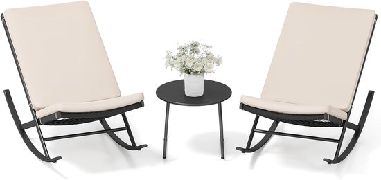 KOMFOTTEU Ensemble bistro 3 pièces, fauteuils à bascule pour l'extérieur, en rotin avec table à café, ensemble pour véranda avec coussins en coton, pour jardin, balcon, bord de piscine
