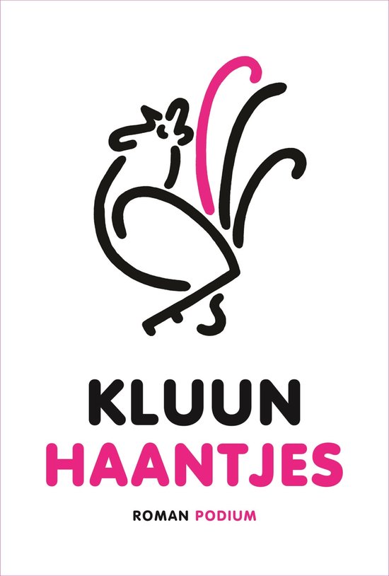 Boek 'Kluun Haantjes' met een zwarte haan-illustratie en roze veren.