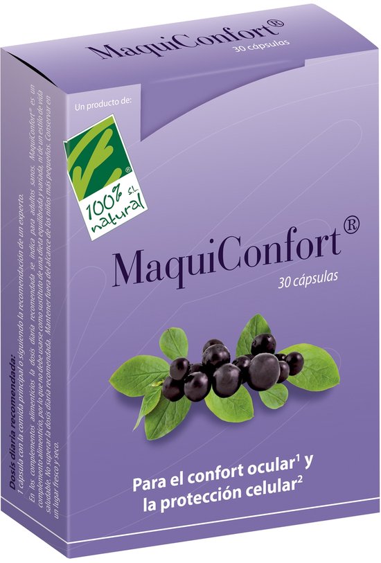 Paarse doos met 'MaquiConfort 30 capsules' in witte letters. Afbeelding van zwarte bessen met groene bladeren.