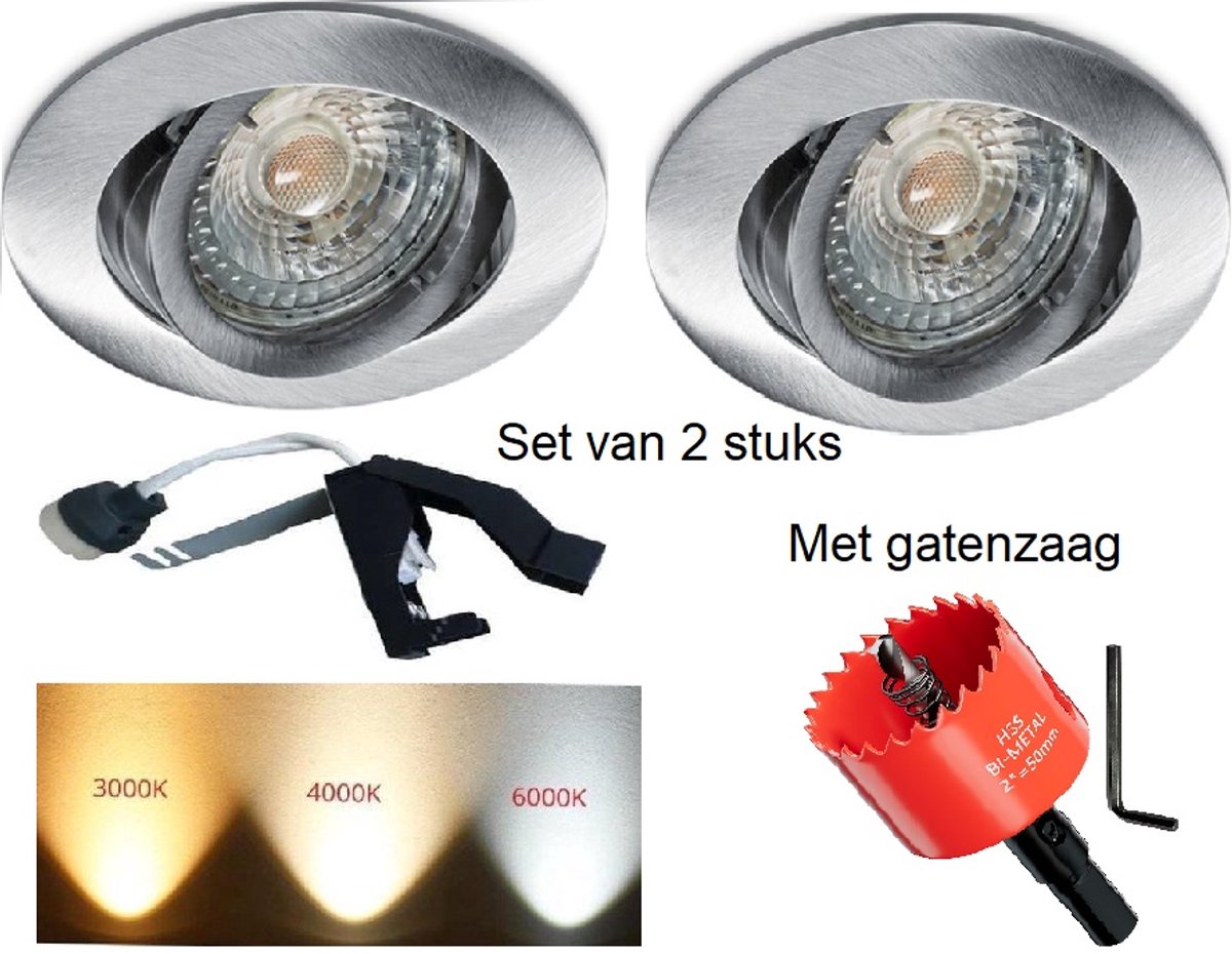 Inbouwspots aluminium sparing 70mm met dozenboor- Set van 2 stuks geborsteld aluminium met ledlamp 230 Volt - Led inbouwspot verstelbaar met dimbare ledlamp kleur 3000K - 230Volt inbouwspot met GU10 ledlamp 3000K.