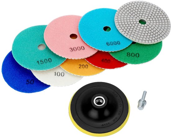 Set van negen kleurrijke diamantschijven met grits 50 tot 10000, steunschijf en adapter.