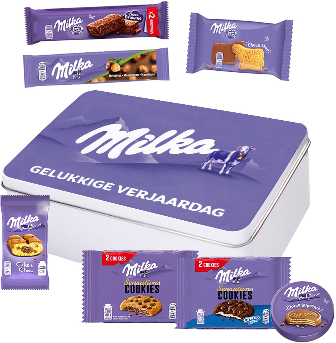 Milka Mix Collection Box "Gelukkige verjaardag" - Choco Supreme, Cake & Choc, Choco Moo, Brownie, Hazelnootreep, Cookies Choco & Sensations Cookies - 451g