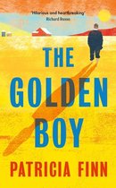 Boekomslag van 'The Golden Boy' door Patricia Finn. Een man in een pak loopt weg van een lange schaduw over een geel landschap met een rode schuur en een blauwe lucht.