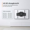Zwarte tv-muurbeugel, geschikt voor schermen van 26-65 inch en met een draagkracht van 45 kg. VESA-compatibel.
