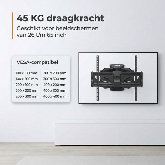 Zwarte tv-muurbeugel, geschikt voor schermen van 26-65 inch en met een draagkracht van 45 kg. VESA-compatibel.