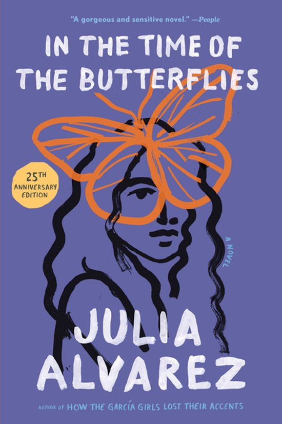 Couverture du livre 'In The Time of The Butterflies' avec dessin stylisé d'une femme portant un papillon sur la tête. Fond violet.
