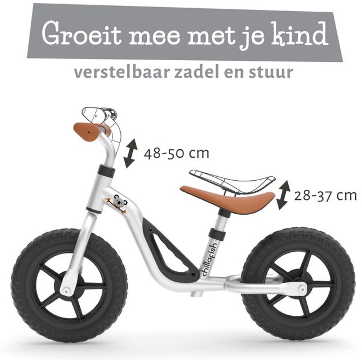 Chillafish Loopfiets 2 jaar - Lichtgewicht met verstelbaar zadel en stuur - Zilver- Loopfiets voor jongens en meisjes tot 4 jaar met handvat om te dragen en anti lek banden - Model Charlie — afbeelding 11