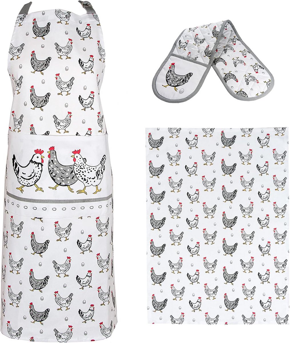 Keukenschort, Ovenwanten en Keukendoek Set met Kippendesign - Cadeauset