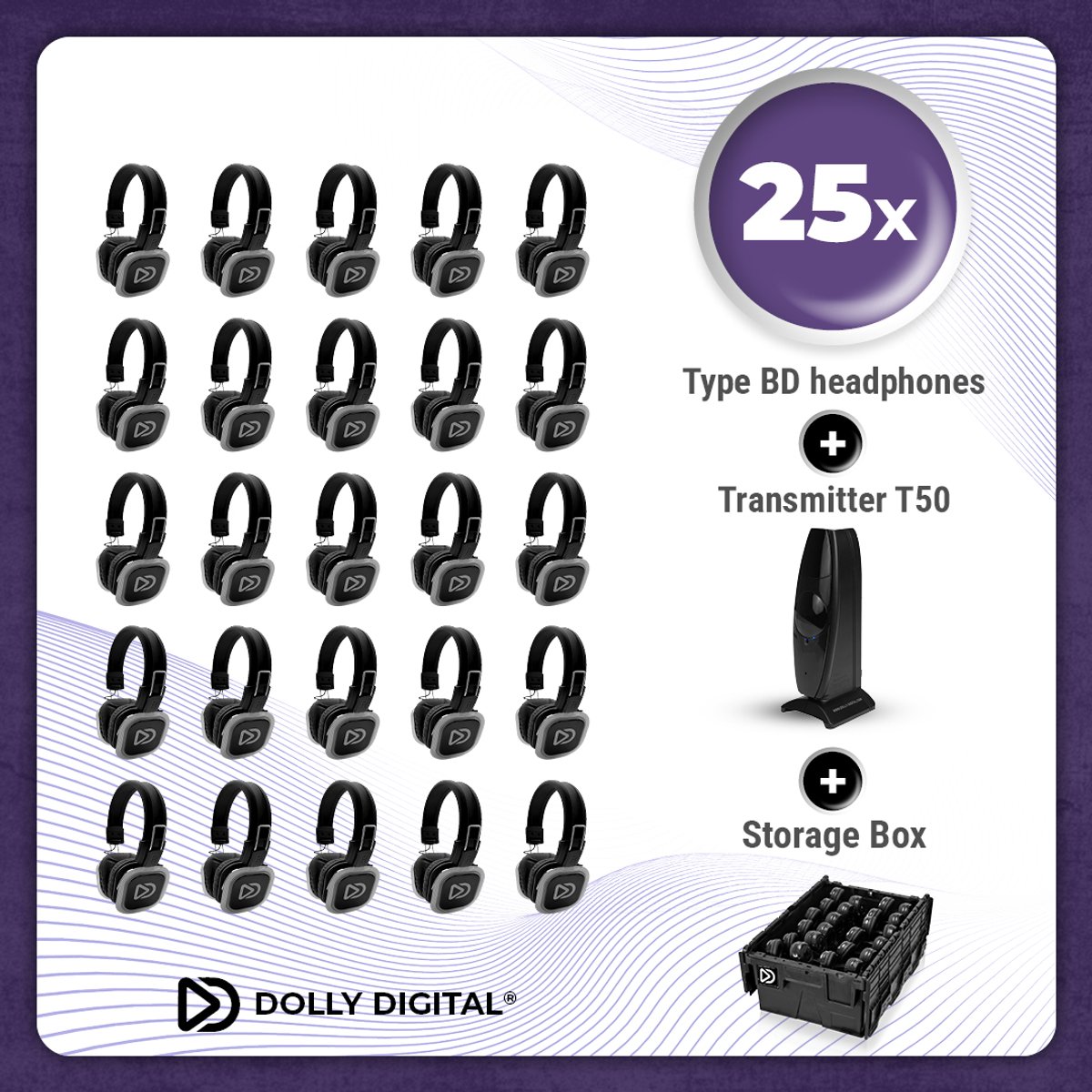 Complete Set 25x Dolly Digital© BD Draadloze Koptelefoons voor groepen + T50 Zender + Professionele Storage Box| Silent Disco