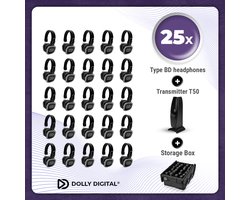 Complete Set 25x Dolly Digital© BD Draadloze Koptelefoons voor groepen + T50 Zender + Professionele Storage Box| Silent Disco