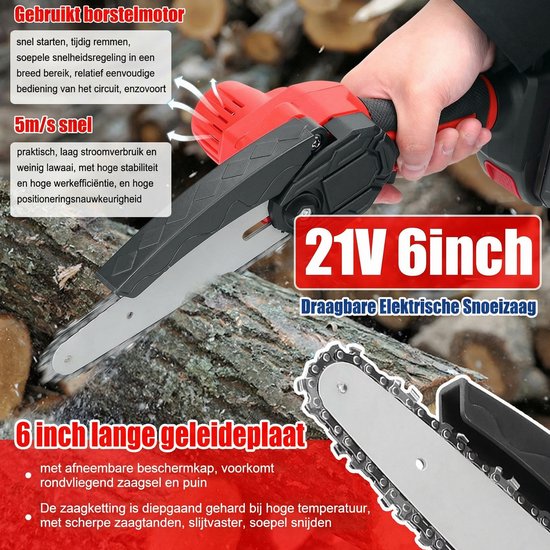21V Mini Elektrische Kettingzaag - 6 Inch Zaagblad - Draadloze Handzaag - 2 Lithiumbatterijen - Snelle Oplaadfunctie - Veiligheidsvergrendeling - Rood van Tutoy — afbeelding 5
