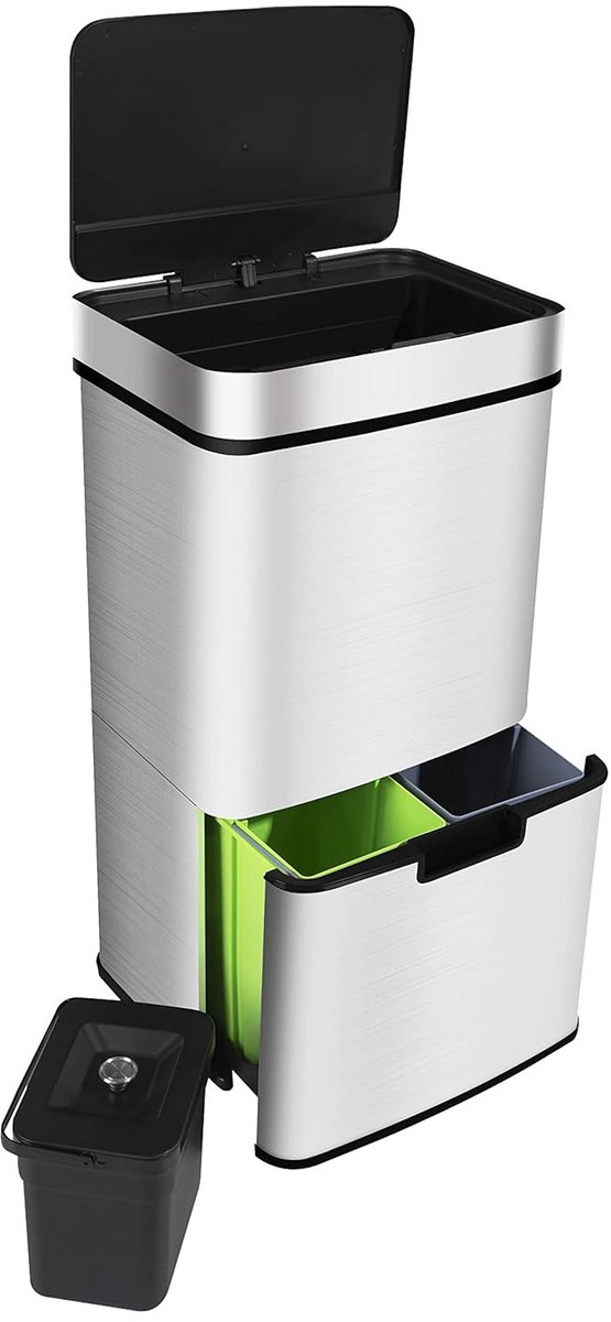 Automatische Sensor Vuilnisbak RVS 72 Liter met 4 Compartimenten