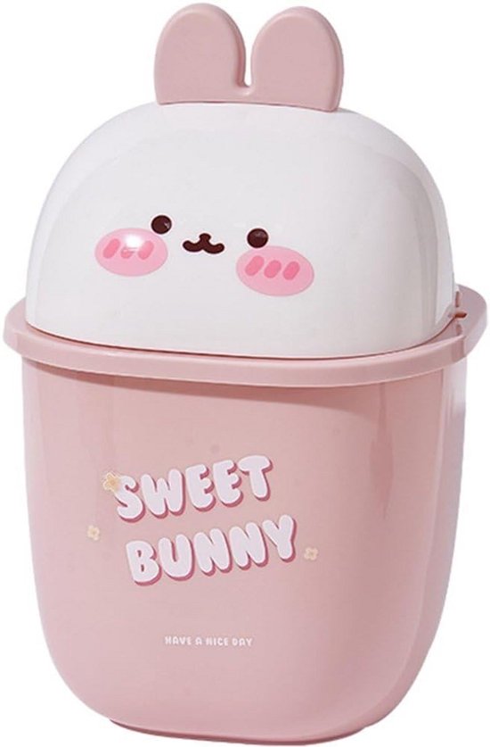 Roze prullenbak met witte deksel in konijnenvorm, tekst 'SWEET BUNNY'.