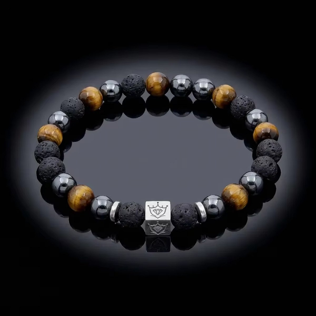 The Sterling Tiger – Luxe 925 Zilveren Heren Armband met Tijgeroog & Lavasteen