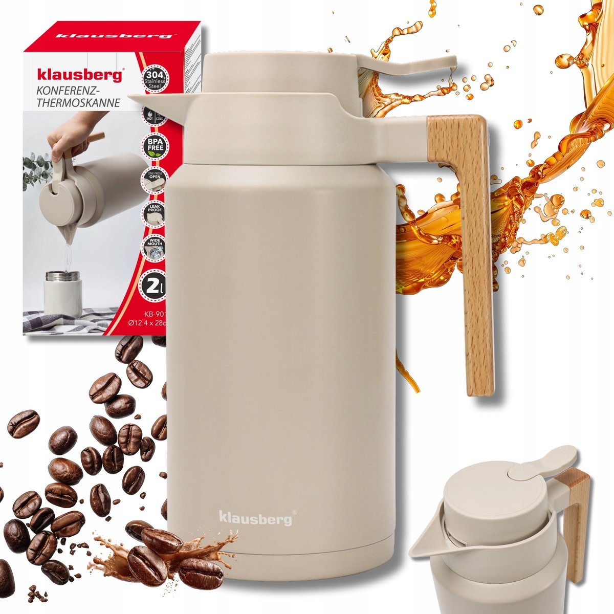 Thermoskan - Vacuüm Thermosfles - Isolerende Koffiekan met Houten Handvat - BPA-vrij - 2 Liter - RVS 304 - Beige