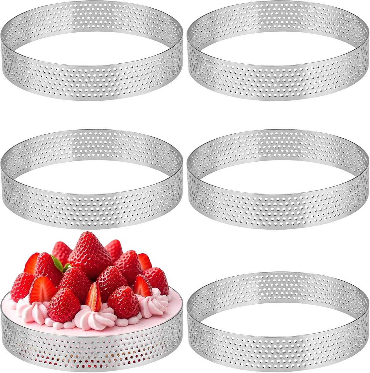 6x Geperforeerde Bakringen Ø 10 cm RVS voor Taart, Muffin en Quiche