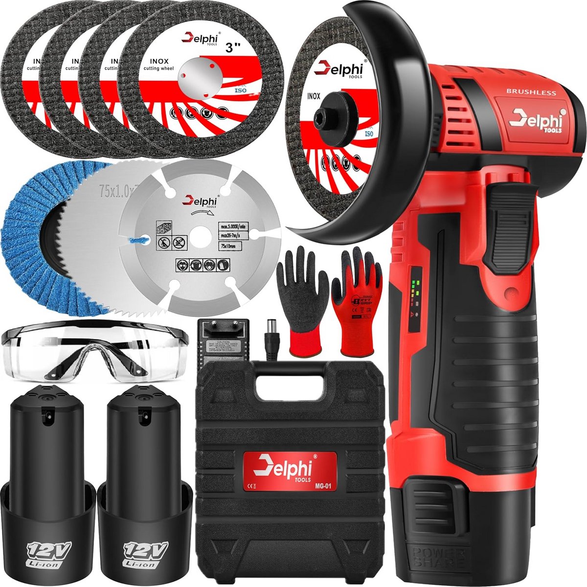 Draadloze Mini Haakse Slijper 12V met 2 Accu's en Uitgebreide Accessoireset