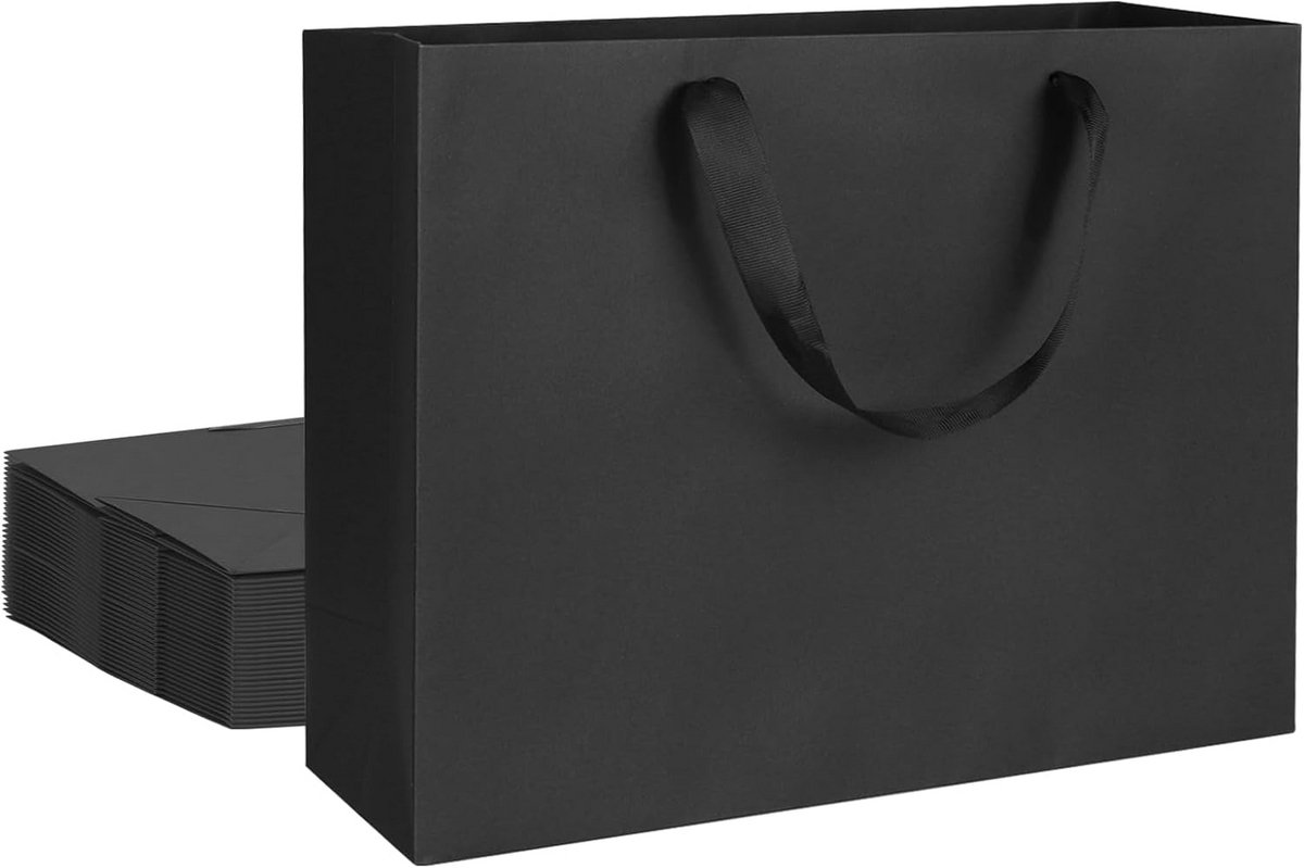 12x Extra Grote Zwarte Cadeauzakken Kraftpapier met Lint Handvatten - 40x10x30 cm