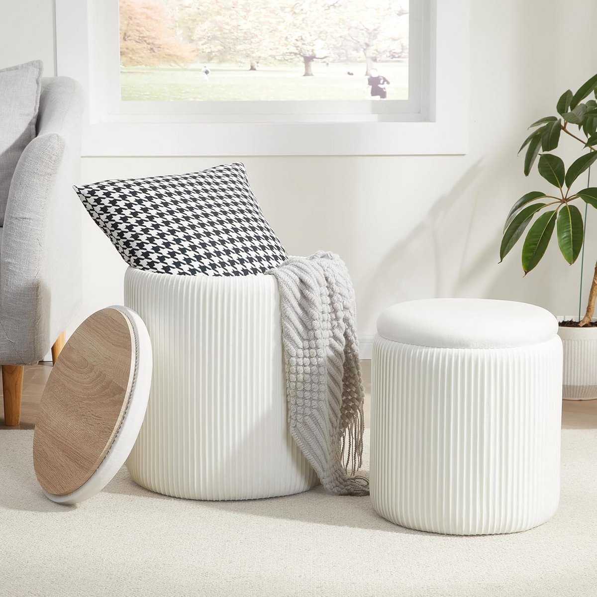 Set van 2 Ronde Poefs met Opbergruimte, Multifunctionele Zitbank voor Woonkamer of Slaapkamer
