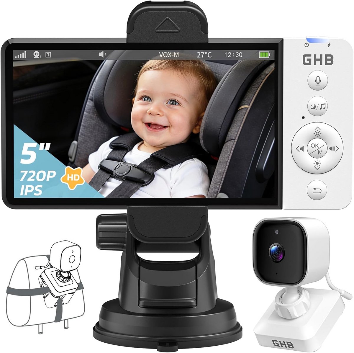 Babyfoon Camera met 5 Inch HD-Display en Nachtzicht - Veilige 2.4 GHz Verbinding voor Auto en Thuis