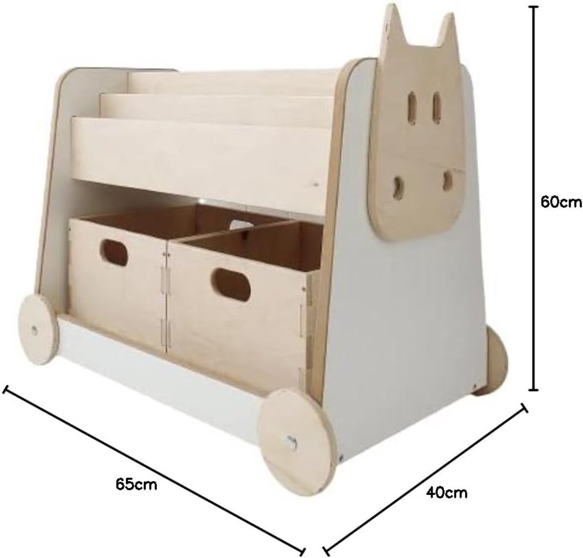 Kinderboekenkast op Wielen – Casa Velluto Montessori Babywood – Houten Kinderkamerplank en Opbergrek – Draagbaar Boekenkastje met 2 Speelgoedkisten – Veilig en Functioneel Kinderrek – Modern Design 65 x 40 x 60 cm